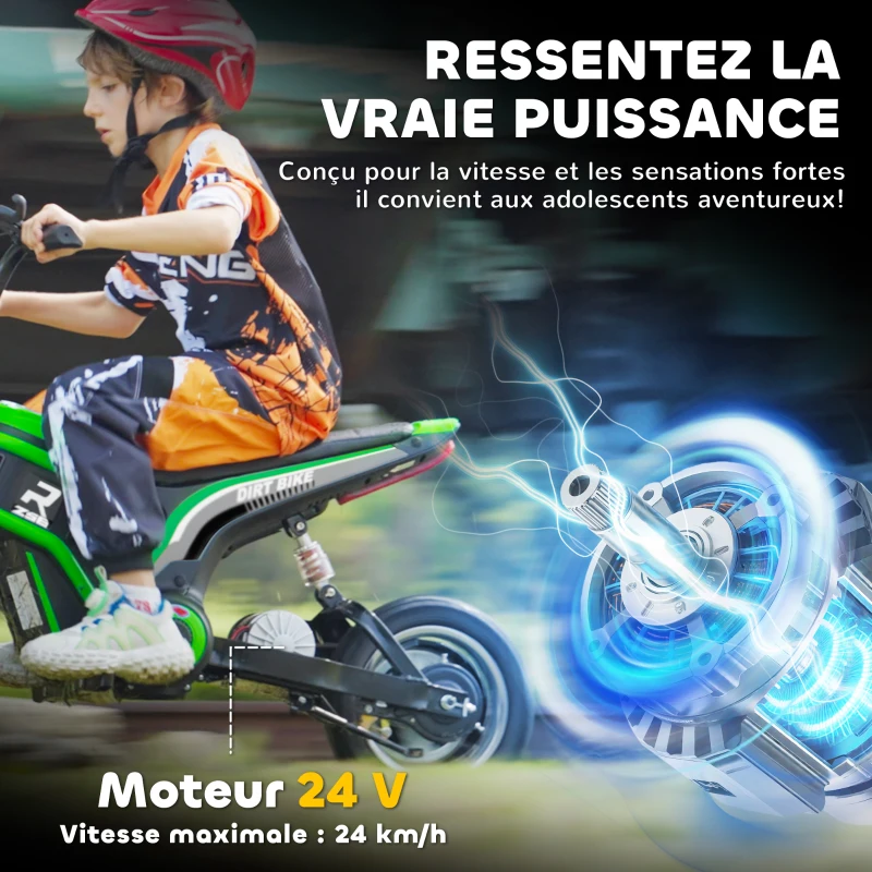 HOMCOM Moto cross électrique enfant moto électrique enfants moteur 350 W batterie 12V 8-16 km/h pneus gonflables 12'' vert