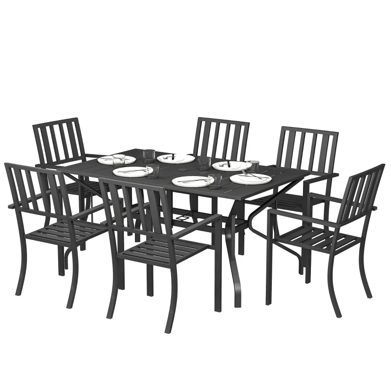Outsunny 7 Pieces Garden Table and Chairs 6 Seater Outdoor Table and Chairs with Umbrella Hole, for Poolside, Garden, Black