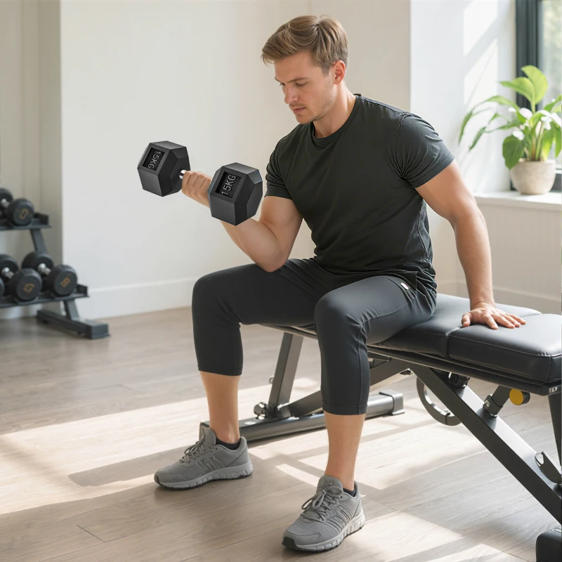 HOMCOM Haltère courte poids 15 Kg - Haltère hexagonale entraînement musculaire & haltérophilie - métal caoutchouc noir