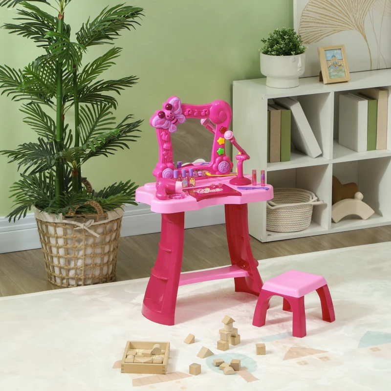 AIYAPLAY 15 PCS Coiffeuse enfant avec tabouret et miroir, lumière, musique, microphone, sèche-cheveux, espace de rangement