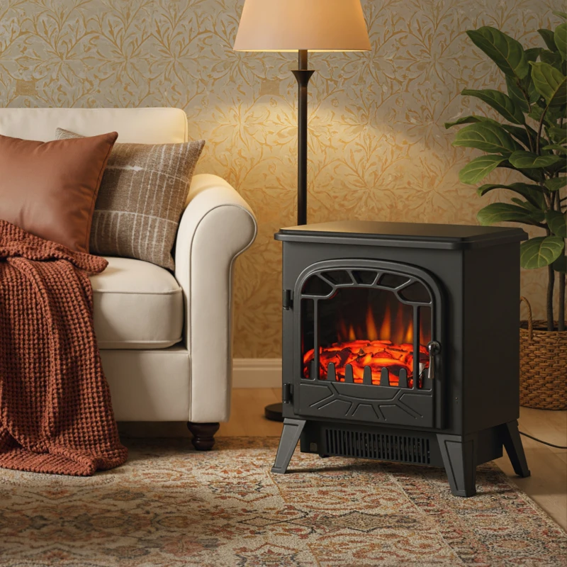 HOMCOM Cheminée électrique radiateur Imitation Flamme avec luminosité et réglable 925 W / 1850 W Porte métal Verre trempé Noir