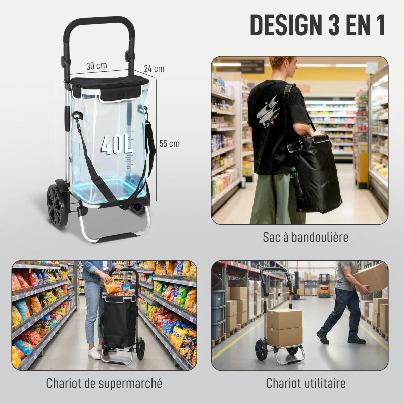 HOMCOM Chariot de courses pliable 40 L caddie de courses portable à roulettes avec poignée télescopique, 45,5x35,5x97cm, noir