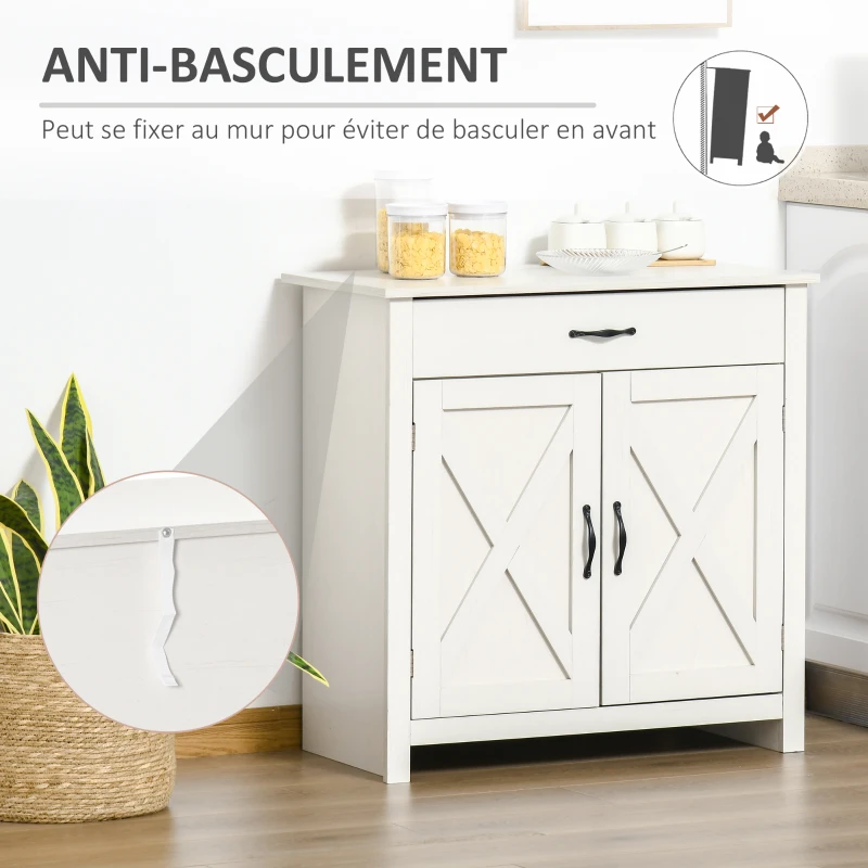 HOMCOM Buffet salon, meuble de rangement avec tiroir, 2 portes de grange et étagère réglable, 80 x 39,7 x 80 cm, blanc