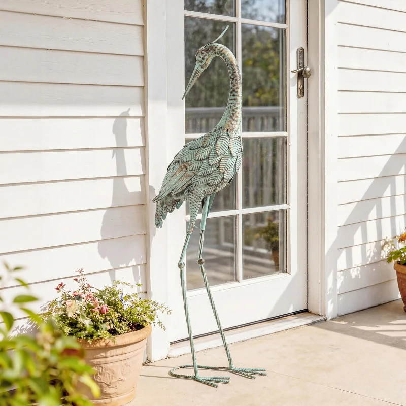 Outsunny Statue de héron pour jardin oiseau en métal outdoor sculpture debout 88 cm avec ancres au sol Vert et Bronze