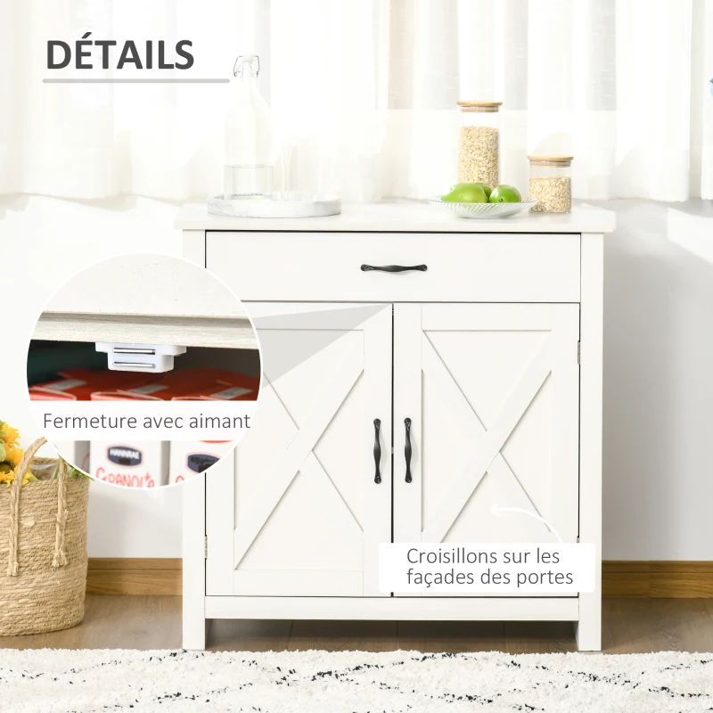 HOMCOM Buffet salon, meuble de rangement avec tiroir, 2 portes de grange et étagère réglable, 80 x 39,7 x 80 cm, blanc