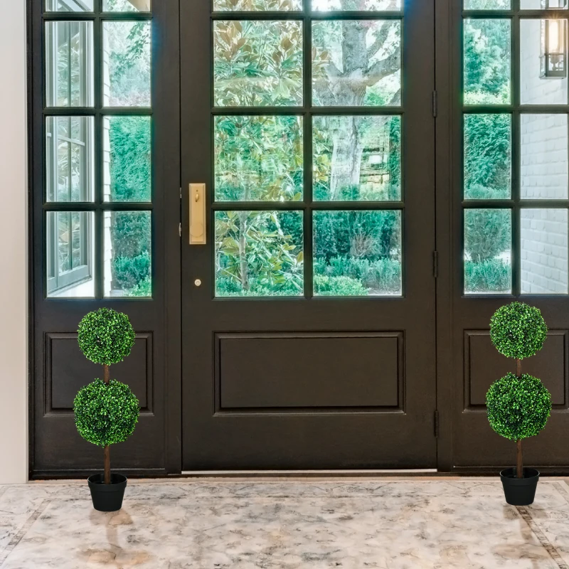 HOMCOM Lot de 2 arbres buis artificiel double boules avec tronc et pot inclus - hauteur 90 cm vert