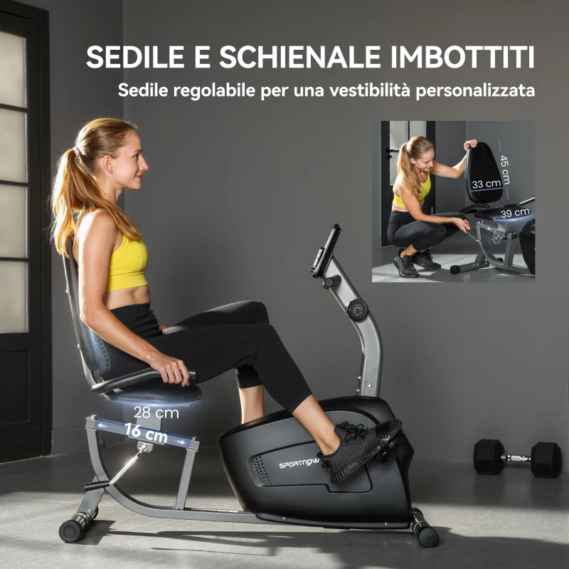 SPORTNOW Cyclette da Casa Recumbent con 8 Livelli di Resistenza Magnetica, Misurazione Pulsazioni, Sellino Regolabile