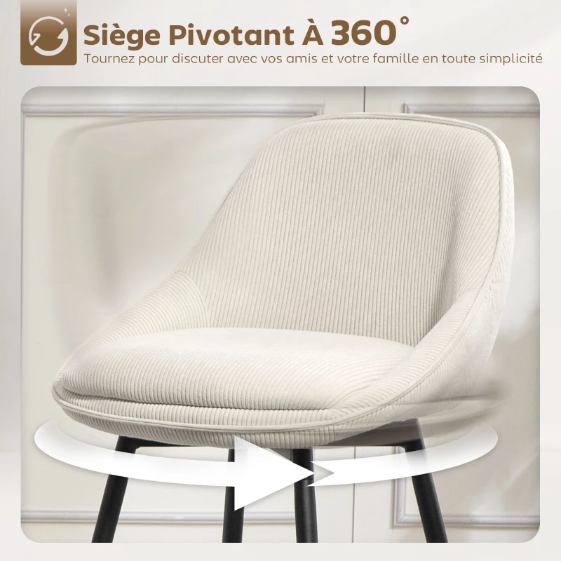 HOMCOM Lot de 2 tabourets de bar en tissu velours côtelé, chaises de bar avec dossier courbé, repose-pieds, 49x52x88cm, crème