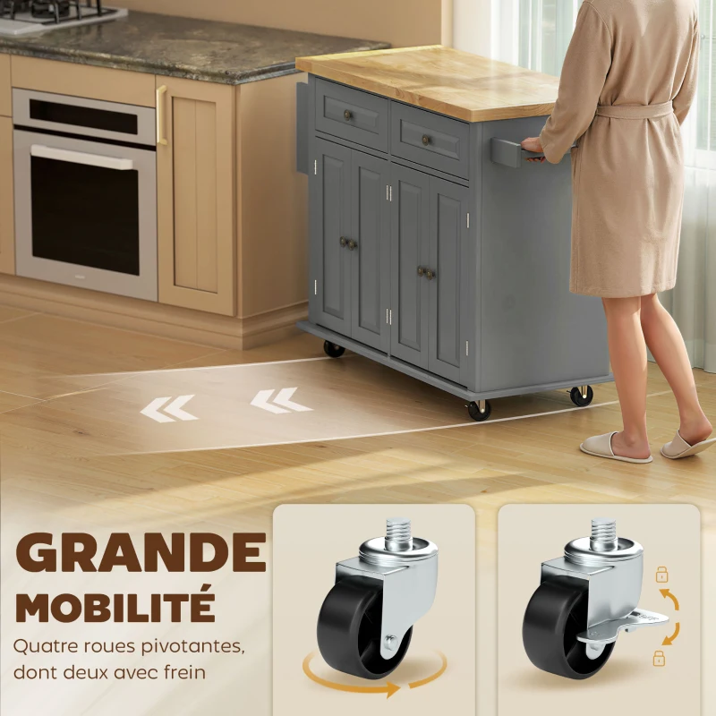 HOMCOM Desserte ilôt de cuisine multi rangements 2 tiroirs 2 placard 2 portes avec étagère range-bouteille porte-torchons et étagère réglable MDF gris hévéa