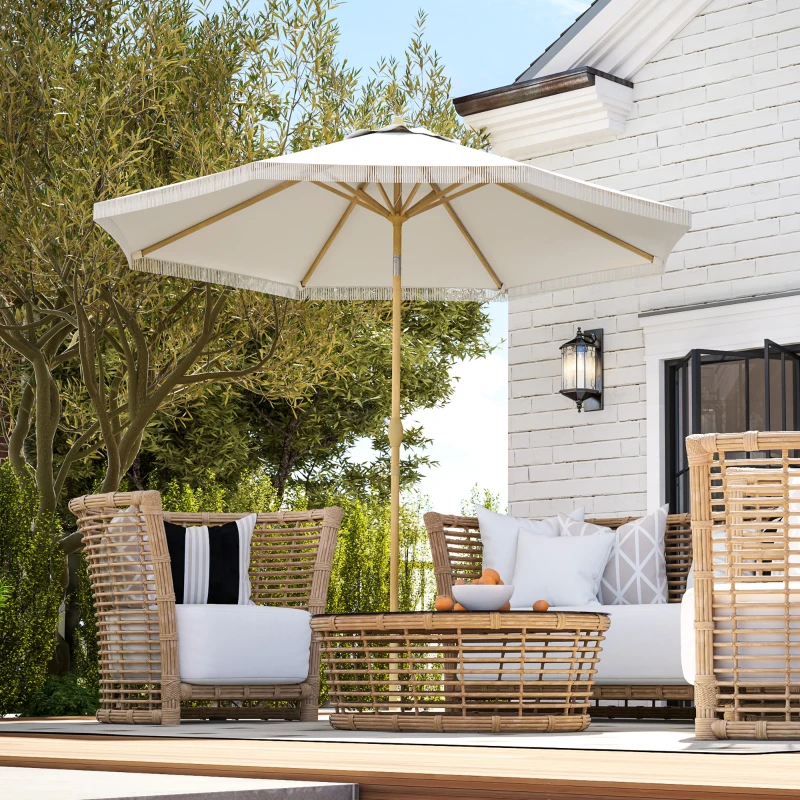 Outsunny Parasol de jardin inclinable parasol avec manivelle à franges style bohème 8 baleines Ø 265 x 244 cm blanc