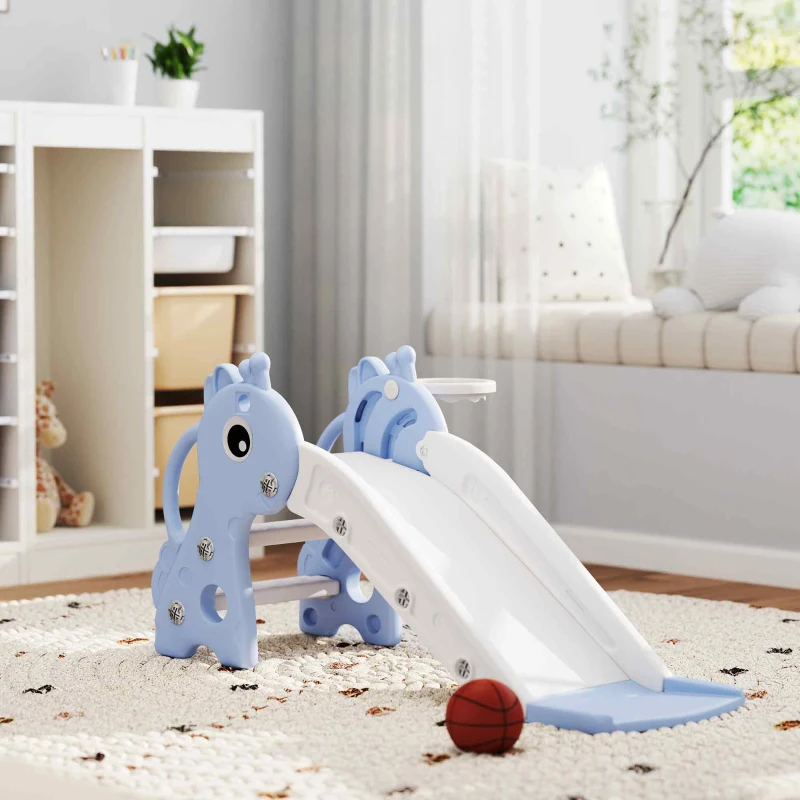 AIYAPLAY Toboggan pour enfants 3 en 1 en forme de girafe avec panier de basket, escalade et ballon, 106 x 51,5 x 52 cm, bleu