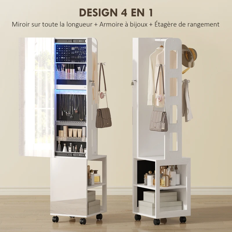 HOMCOM Armoire à bijoux armoire avec miroir sur pied pivotante à 360° éclairage LED 37x40x165,5cm cadre blanc, doublure noire
