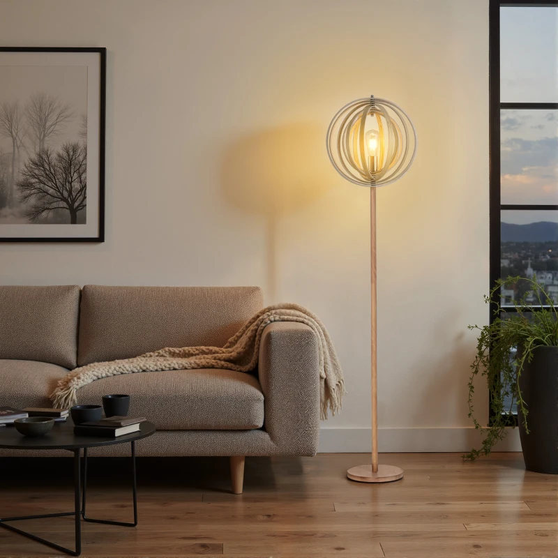 HOMCOM Lampadaire sur Pied Circulaire 40 W Max. Abat-Jour bois naturel clair dim. Ø 38 x 160 cm