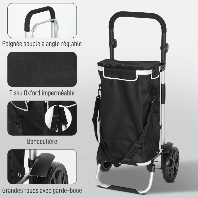 HOMCOM Chariot de courses pliable 40 L caddie de courses portable à roulettes avec poignée télescopique, 45,5x35,5x97cm, noir