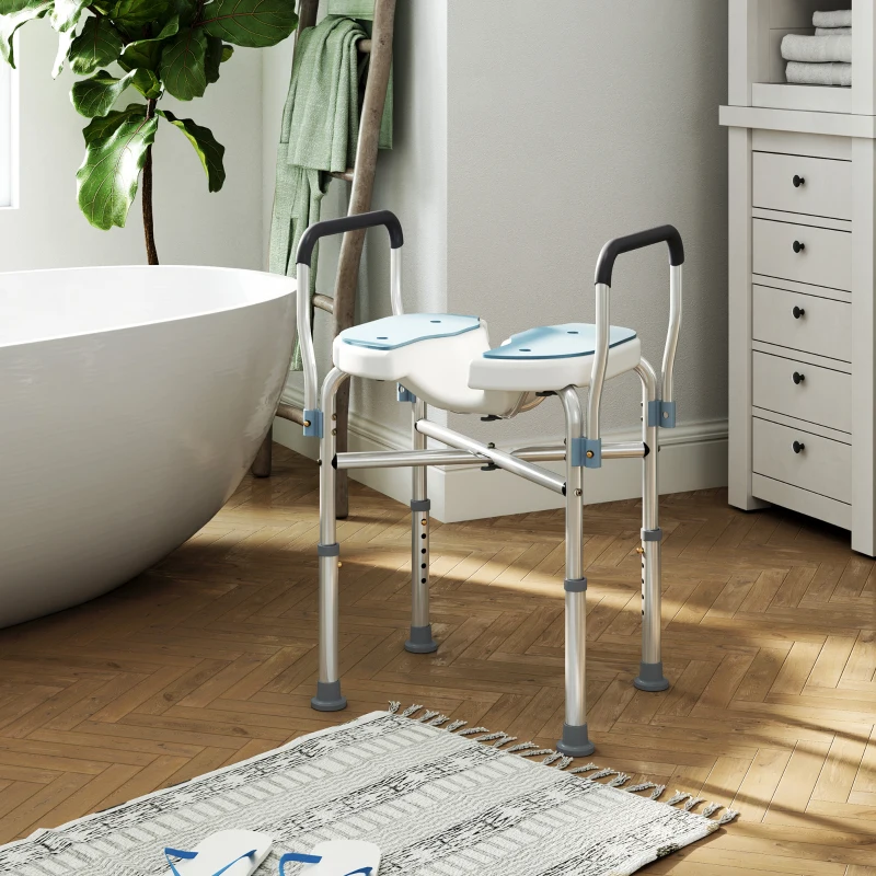 HOMCOM Chaise de douche avec accoudoirs siège de douche en forme U hauteur réglable anti-dérapant 53 x 36 x 64-75 cm bleu clair
