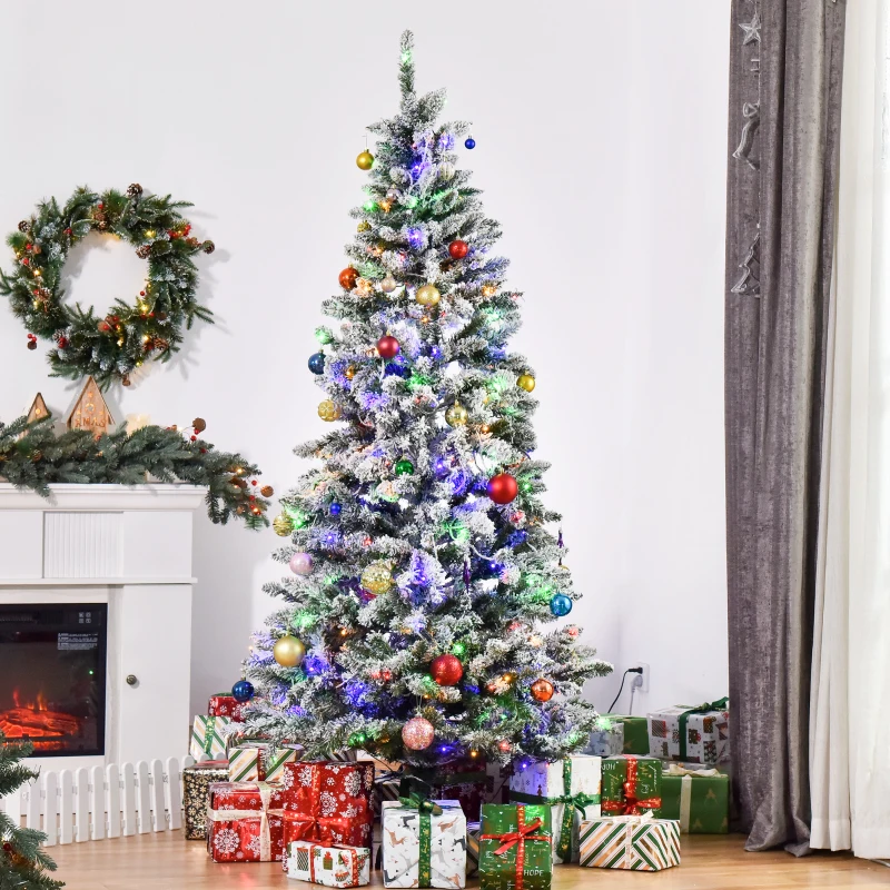 HOMCOM Sapin de Noël artificiel lumineux 210 cm arbre de Noël enneigé avec 10 modes d'éclairage multicolore 829 branches vert