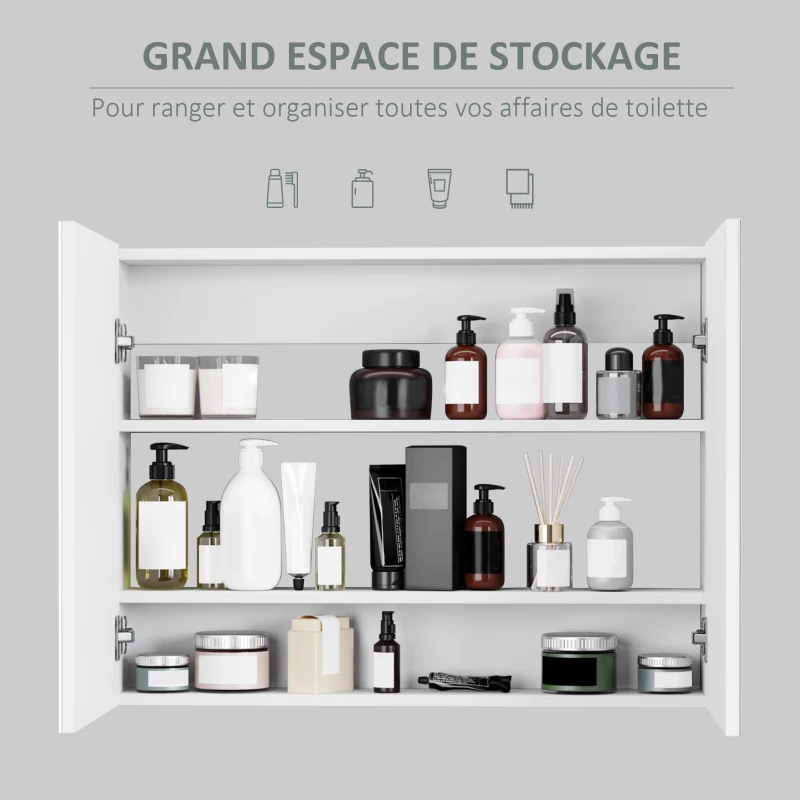 HOMCOM Armoire murale salle de bain avec miroir, 80 x 15 x 60 cm, meuble salle de bain, armoire de toilette avec double portes et étagères réglables, blanc
