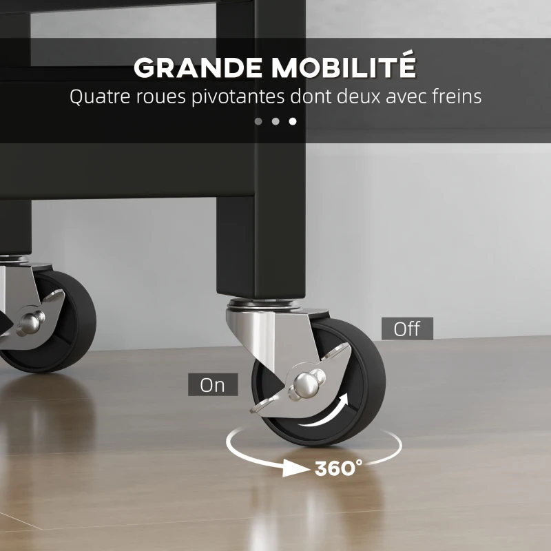 HOMCOM Chariot desserte de cuisine à roulettes plan de travail en bois 3 tiroirs et 1 plateau amovible 67 x 37 x 85,5 cm noir