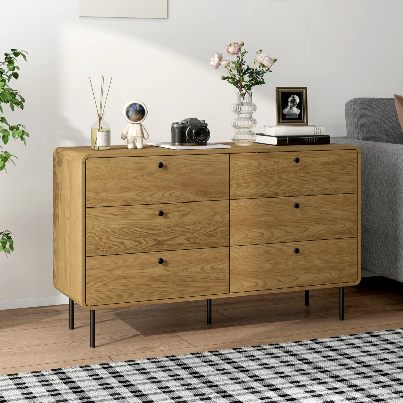 HOMCOM Commode 6 tiroirs meuble de rangement style moderne coins arrondis et pieds en acier 120 x 40 x 75cm effet bois de chêne