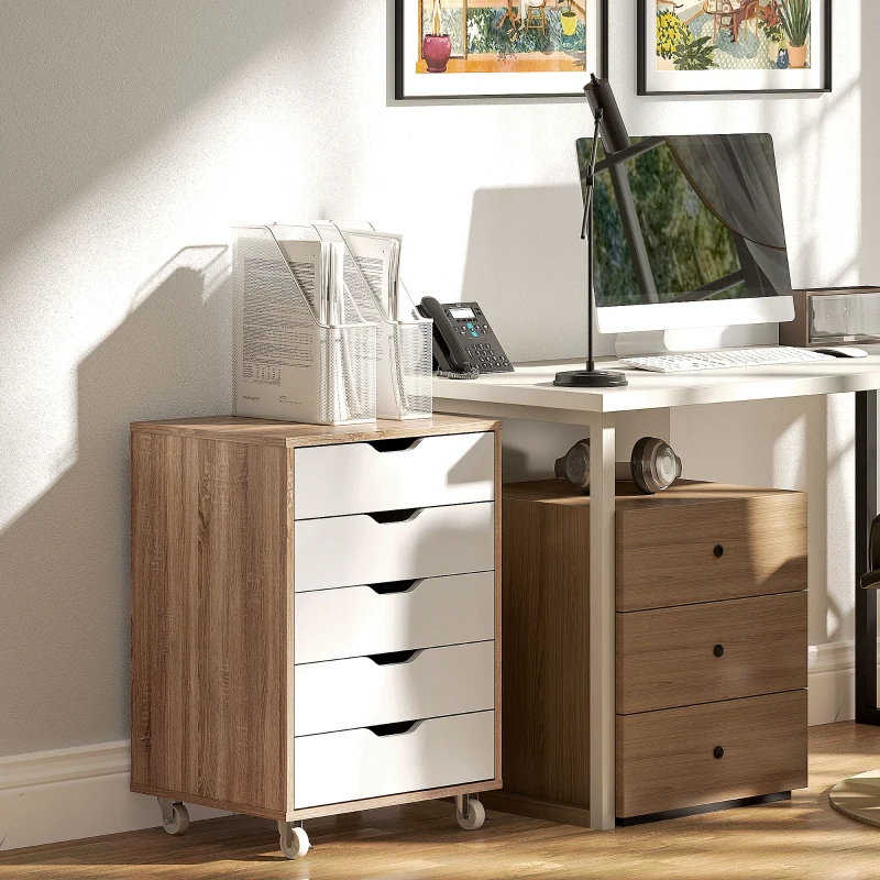 Vinsetto Caisson bureau mobile, meuble rangement bureau sur roulettes, 5 tiroirs, 47,5 x 39,5 x 67,5 cm, blanc et chêne