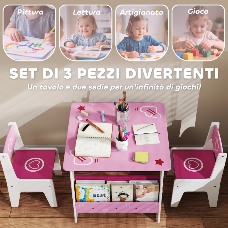 AIYAPLAY Set Tavolo con 2 Sedie per Bambini 3-8 Anni, Tavolino con Scaffale in Legno MDF con Disegni a Cuori, Rosa