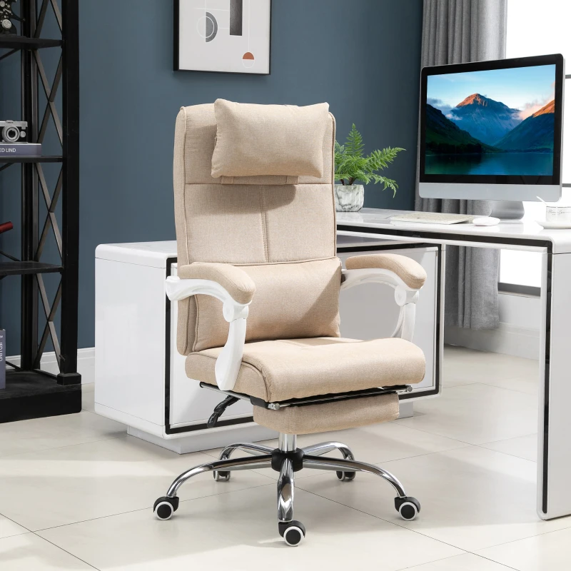 HOMCOM Fauteuil de Bureau Chaise de Bureau Ergonomique avec Repose-Pieds Rétractable, Dossier inclinable, tétière et Soutien des Lombaires, Réglable en Hauteur, en tissu Beige