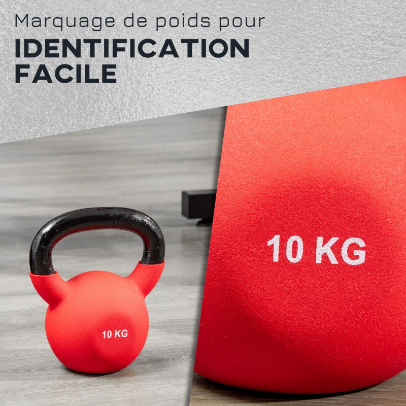 HOMCOM Kettlebell 10 kg en métal poids pour entraînements avec poignée antidérapante et fond plat 19x12x22cm rouge et noir