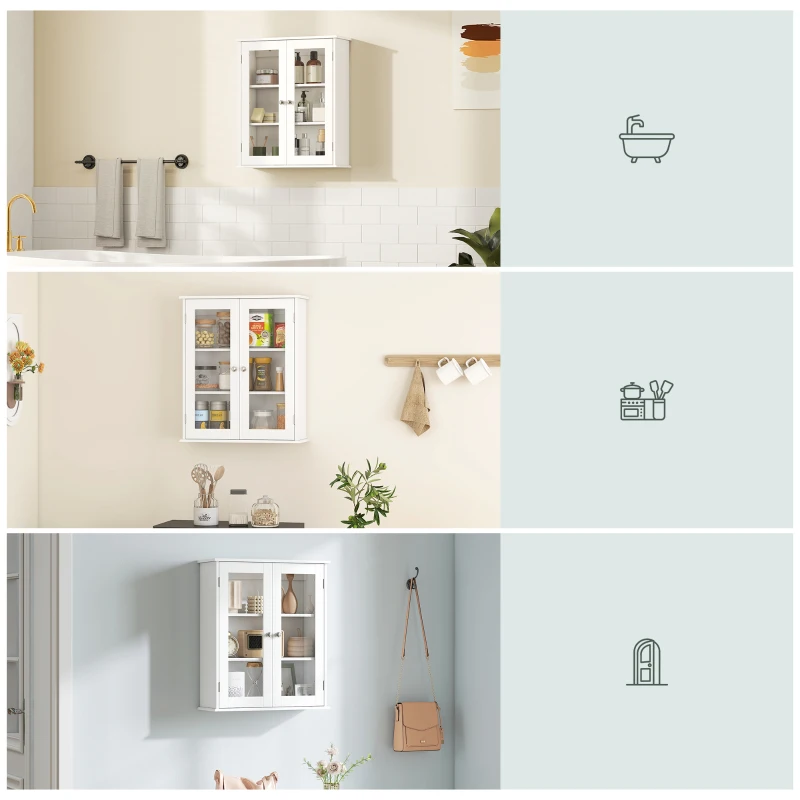 kleankin Armoire murale de salle de bain, meuble haut salle de bains avec 2 portes en verre, étagère réglable, 55x20x65cm, blanc