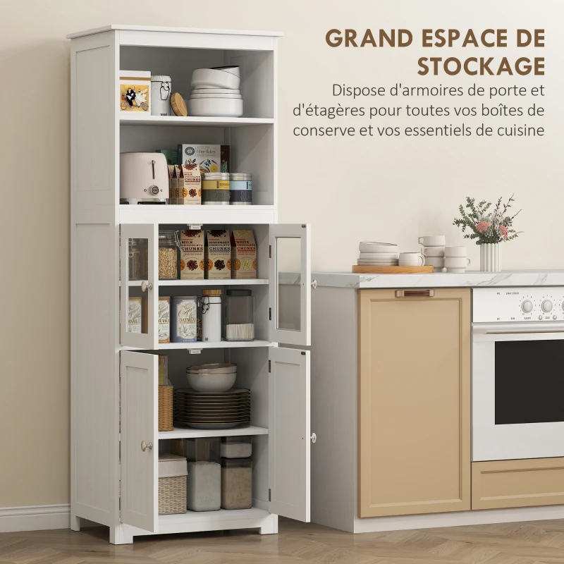 HOMCOM Armoire de cuisine buffet cuisine vaisselier meuble de rangement avec 2 niches, 2 placards avec 4 portes dont 2 portes vitrées, étagère réglable - dim. 60I x 30P x 162H cm blanc(m-4)