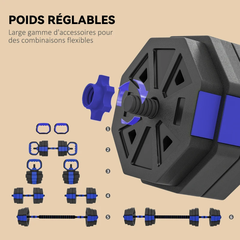 SPORTNOW Ensemble d'haltères musculation 6-en-1 haltère réglable 25 kg kettlebell, barre de musculation support pour pompes bleu