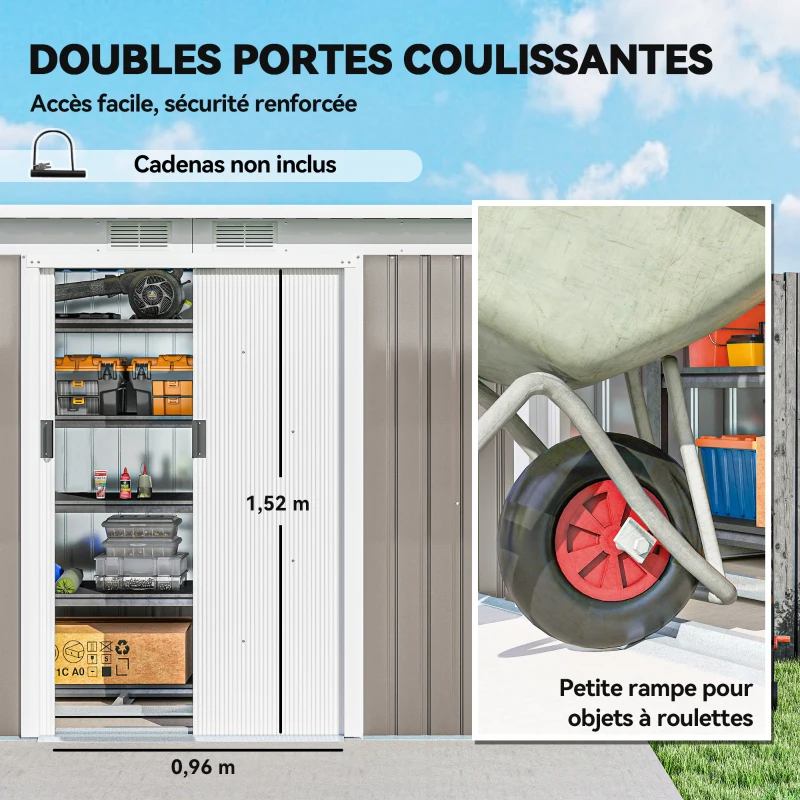 Outsunny Abri de jardin 3,6 m² remise à outils avec kit de fondation en acier galvanisé 280 x 130 x 172 cm, gris clair