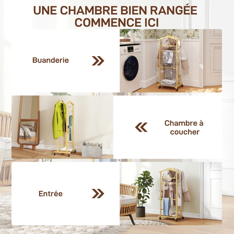 HOMCOM Portant à vêtements sur roulettes, porte-manteaux en bambou, double cintre intégré, 47 x 33,7 x 105,5 cm, bois naturel