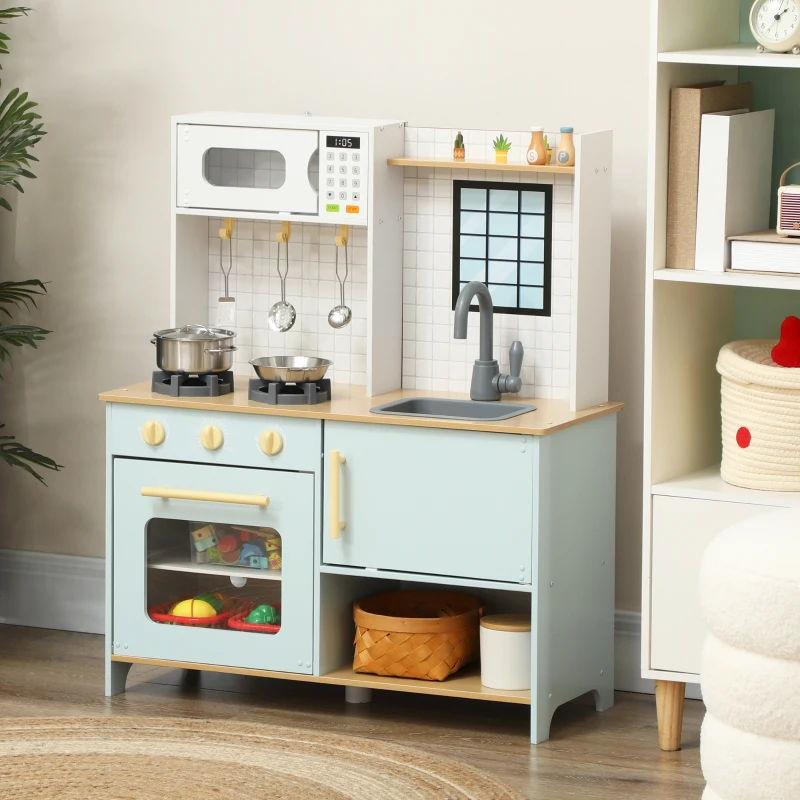 AIYAPLAY Cuisine enfant cuisine en bois enfant avec micro-ondes cuisinière pour enfants 3+ ans 72 x 33 x 85,2 cm bleu