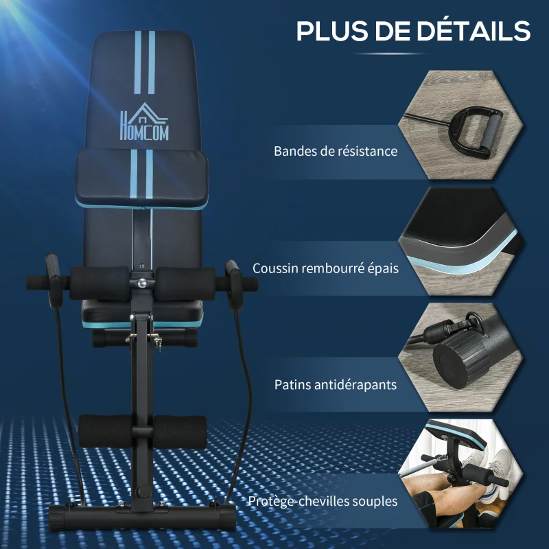 HOMCOM Banc de musculation pliable inclinable, banc réglable avec extenseur des jambes, acier, 54 x 160 x 106 cm, noir bleu