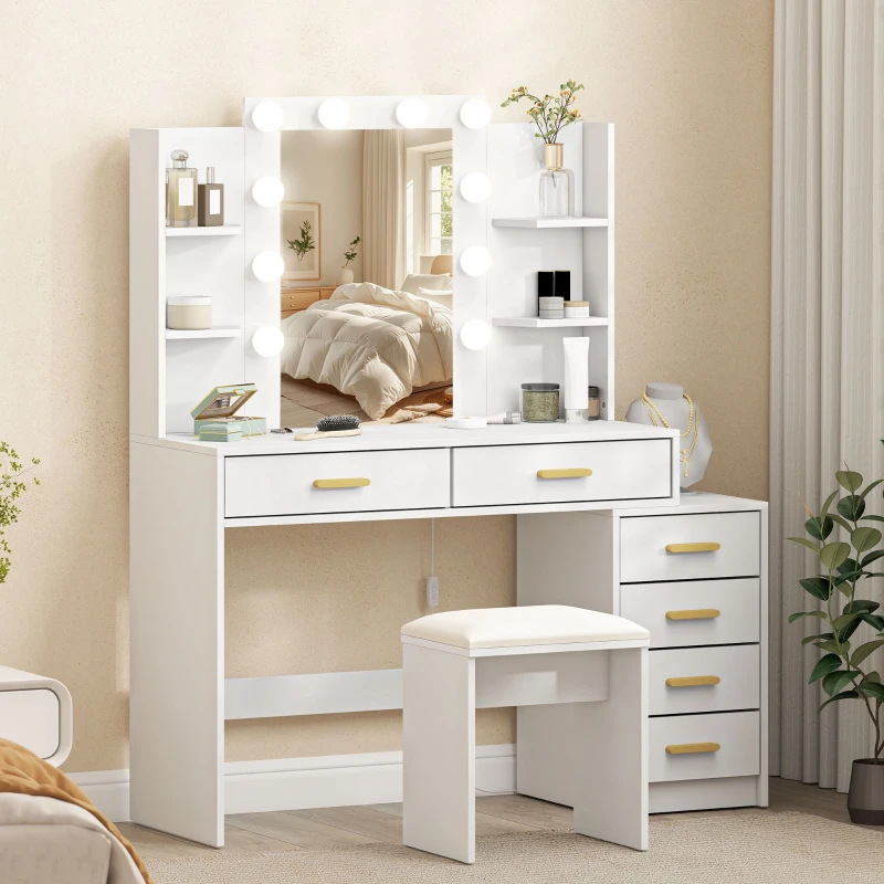 HOMCOM Tavolo da trucco con specchio illuminato e sgabello imbottito, 6 cassetti e ripiani, bianco