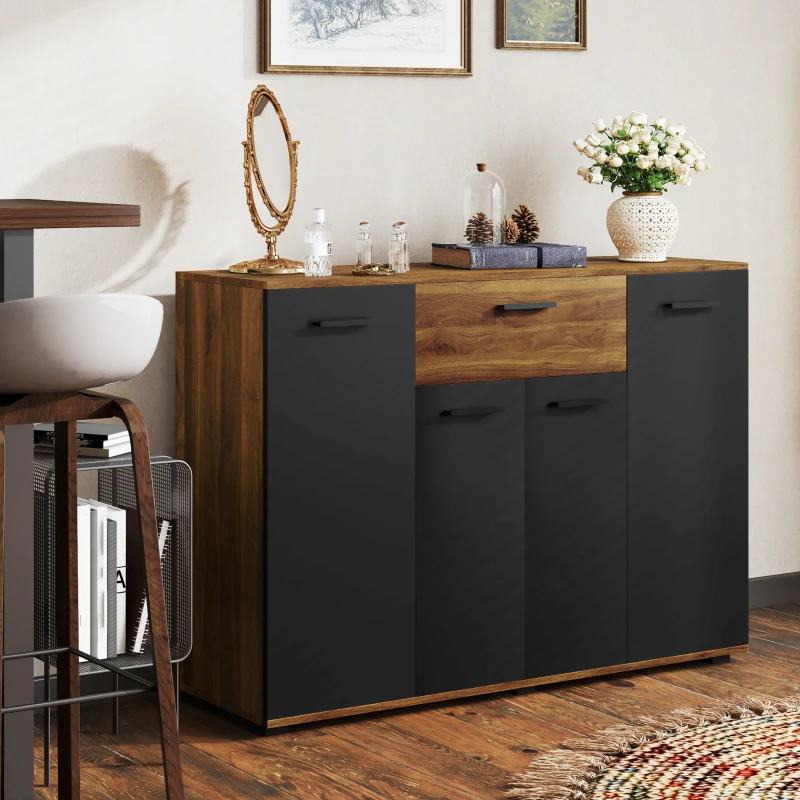 HOMCOM Buffet salon meuble de rangement avec 4 placards, tiroirs et étagères réglables, dim. 120 x 35 x 85 cm, marron et noir