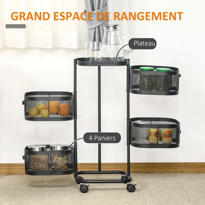 HOMCOM Resserre 4 paniers rotatifs sur roues, chariot à légumes et fruits, plateau, étagère en fil d'acier, 33x33x77cm, noir