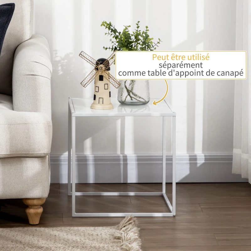 HOMCOM Lot de 2 tables basses gigognes, lot de 2 tables gigognes de salon, modulables, en acier, style industriel, blanc mat