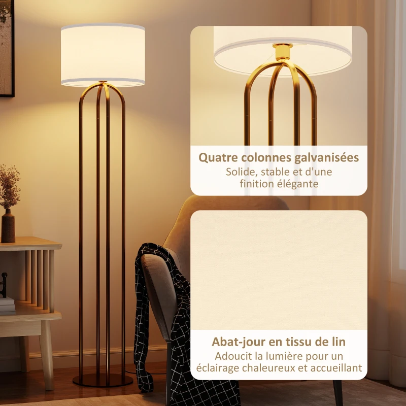 HOMCOM Lampadaire sur pied de salon, lampe sur pied avec abat-jour en lin et interrupteur à pied, Ø 38 x 161 cm, doré et beige