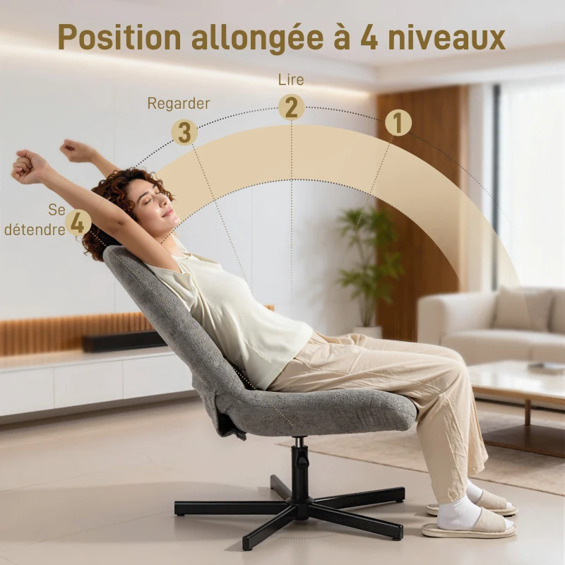 HOMCOM Fauteuil salon avec repose-pieds, chaise pivotante, hauteur réglable, dossier inclinable, 66 x 80 x 93-104 cm, gris