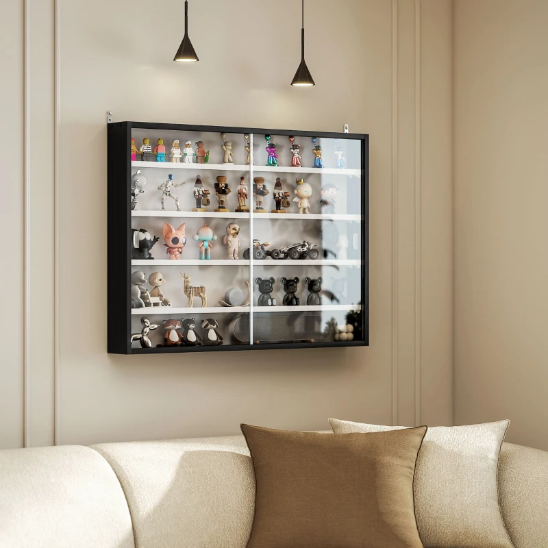 HOMCOM Vitrine murale pour objets de collection 5 étagère réglables en hauteur et 2 portes coulissantes 80 x 9,5 x 60 cm noir
