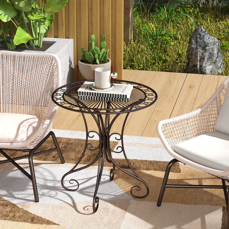 Outsunny Table de jardin ronde Ø 85 cm, table de terrasse cadre en métal, charge de 50 kg, pour intérieur et extérieur, marron