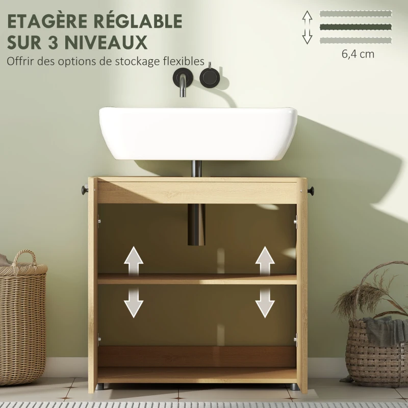HOMCOM Meuble sous lavabo, meuble de salle de bain 2 portes à fermeture amortie, étagère réglable, 60x39,8x58,5cm, bois naturel
