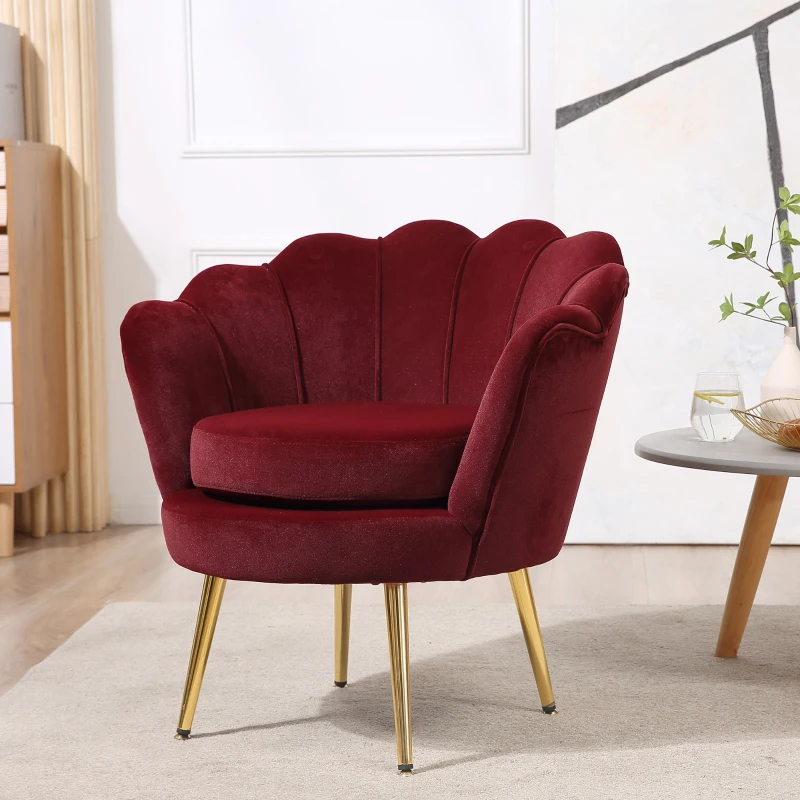 HOMCOM Fauteuil salon fauteuil en velours fauteuil coquillage avec pieds en métal doré pour chambre à coucher, rouge