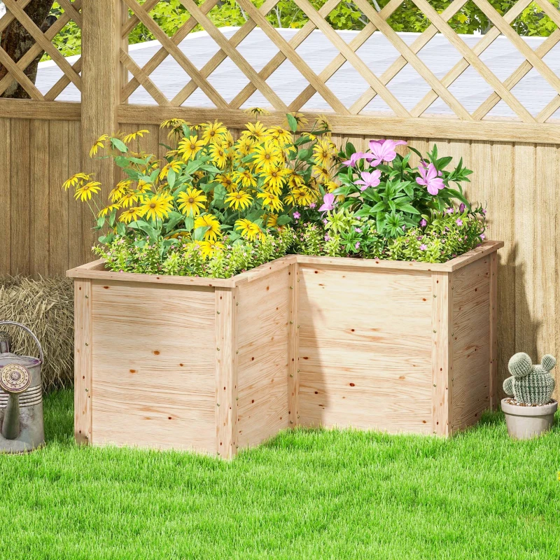 Outsunny Jardinière en forme de L, lit surélevé de jardin, bac à fleurs à fond ouvert, en bois 120 x 120 x 62 cm, bois naturel