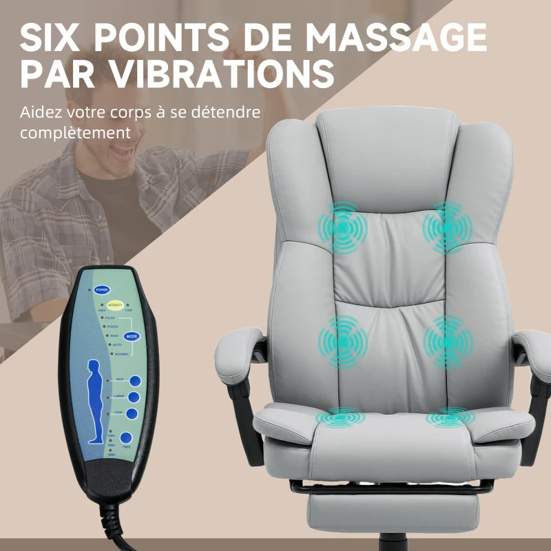 Vinsetto Fauteuil de bureau massant, chaise de bureau avec hauteur réglable, dossier inclinable et télécommande filaire, gris
