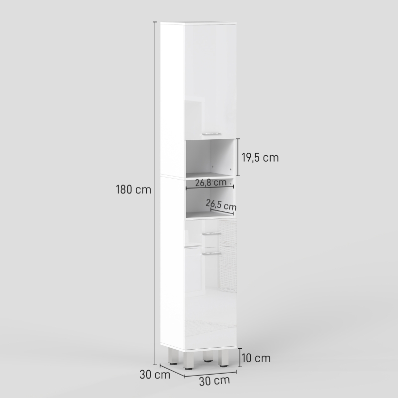 kleankin Meuble colonne salle de bain avec étagères réglables et compartiments ouverts, 30x30x180cm, blanc brillant