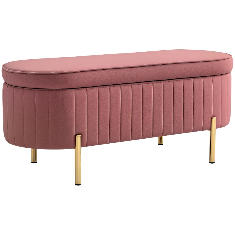 HOMCOM Banc de rangement, bout de lit en velours avec couvercle, pieds en métal, capacité 72 L, 108x44x43,5cm, rose