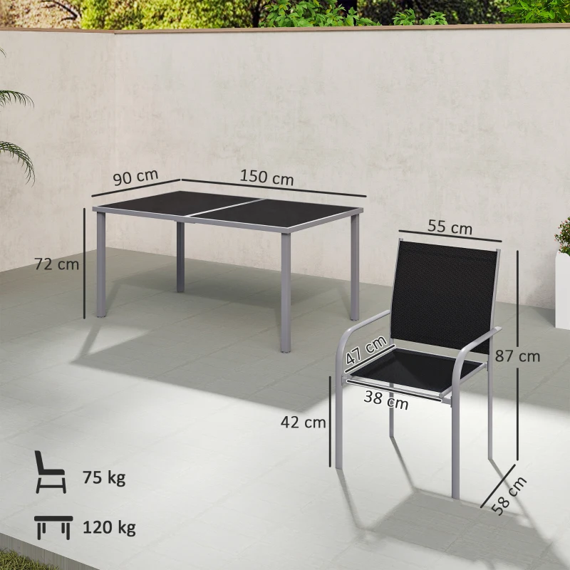 Outsunny Ensemble de jardin 6 chaises + 1 table en acier salon de jardin 7 pièces chaises empilables plateau en verre trempé noir