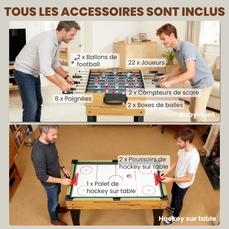 SPORTNOW Table multijeux 13 en 1, table de jeu baby-foot, billard, ping-pong, 121x109x80cm, pour enfants et adultes, noyer clair